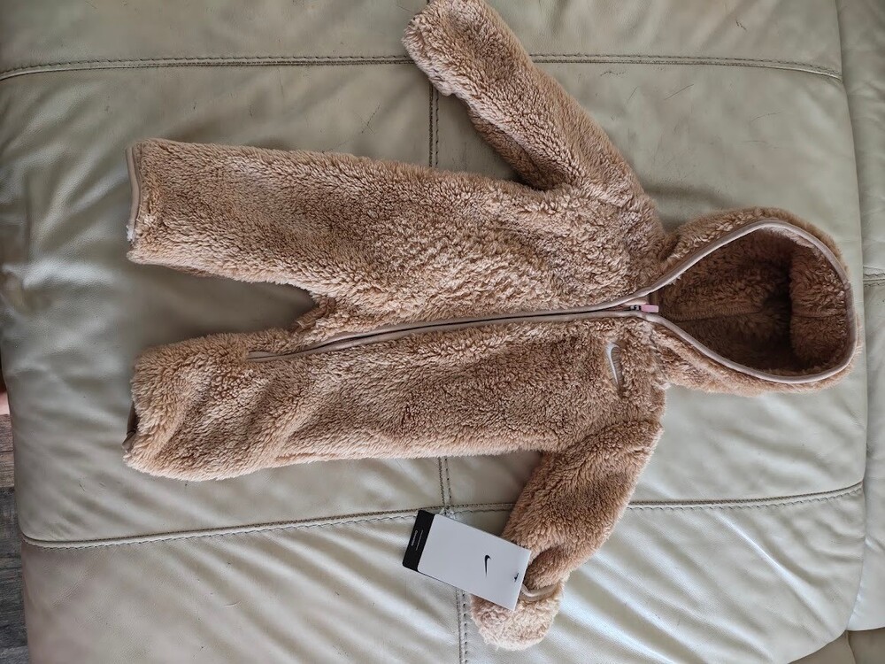 Nike Baby Sherpa Fleece Coverall Tan Hooded One-Piece